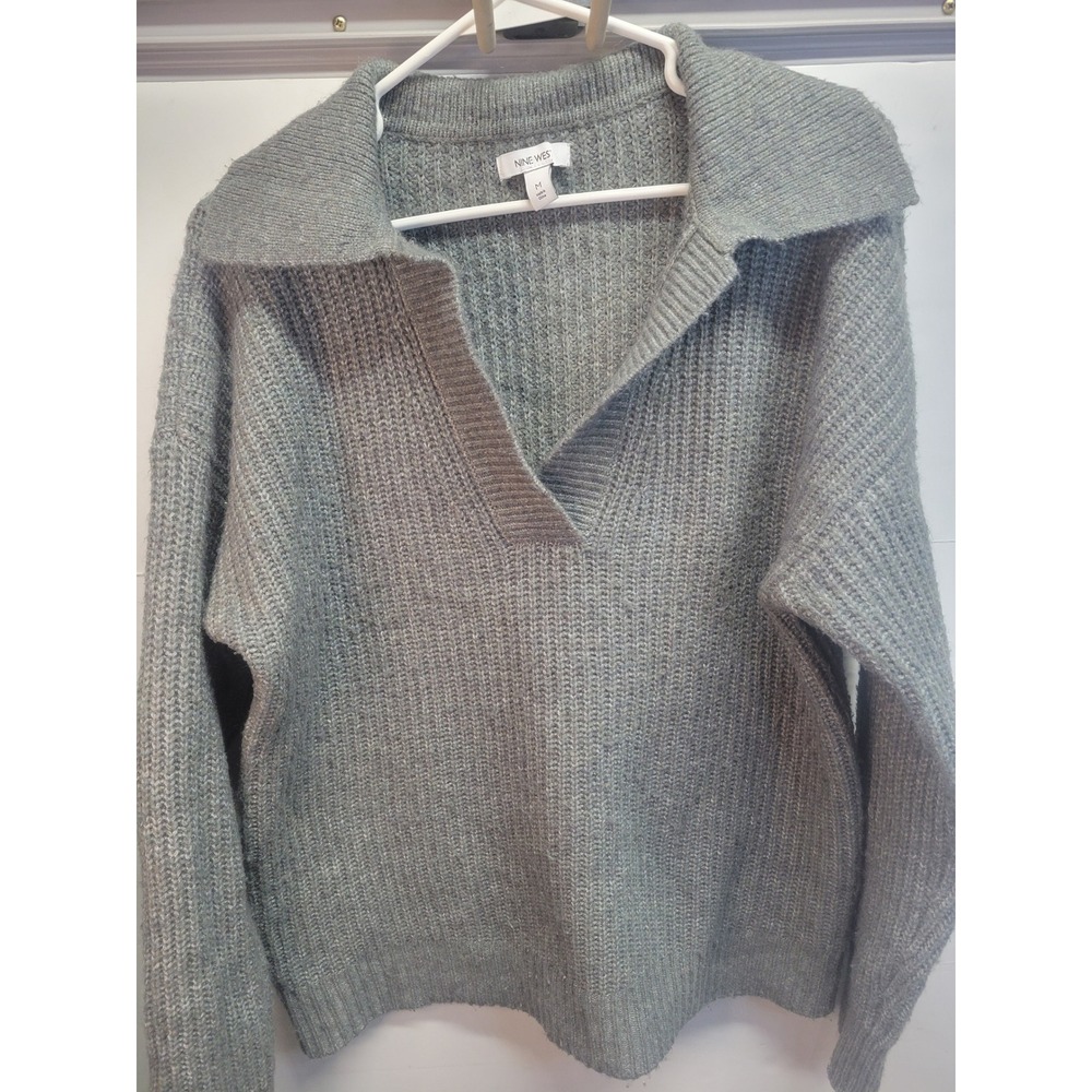 NINE WEST Women Gray Ribbed Collared V Neck Sweater Pullover M